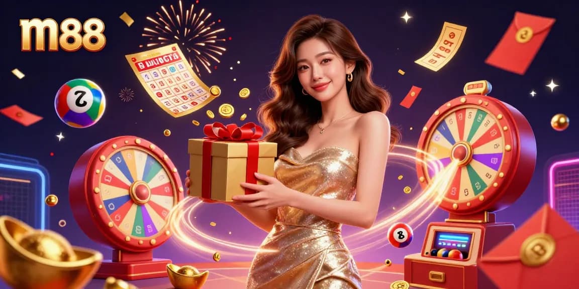 Win big with m88 at this bustling digital casino scene featuring golden coins and festive elements.