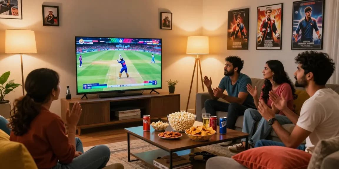Pikashow app brings friends together for an exciting IPL cricket match in a cozy living room.
