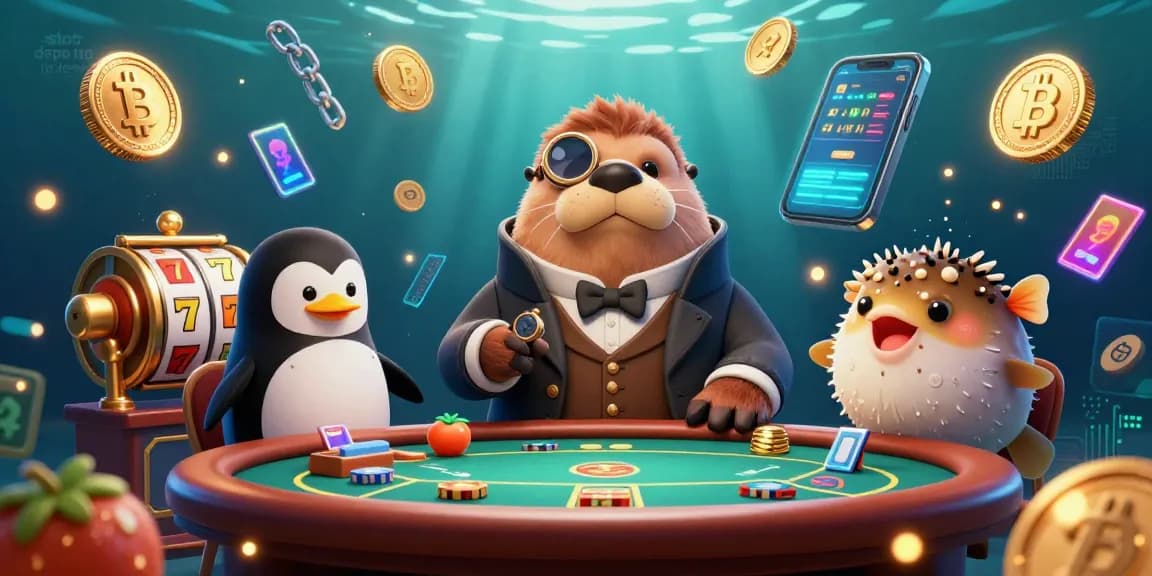 Experience thrilling gameplay with slot depo 10k, featuring a jolly walrus at an underwater poker table surrounded by vibrant game elements.