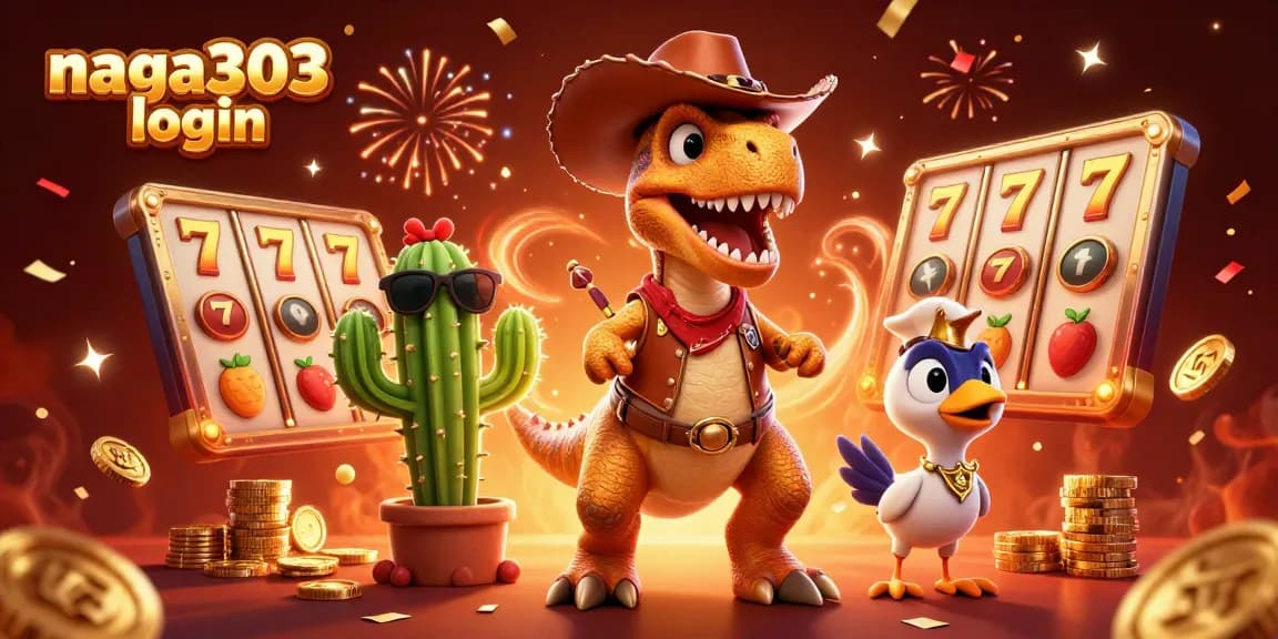 Experience seamless gameplay with naga303 login, featuring dynamic slot reels, vibrant T-Rex character, and casino elements.
