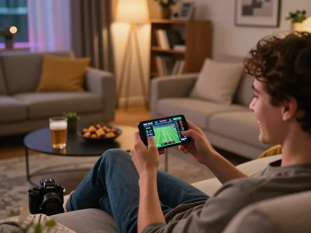 Engaging scene of mobile sports betting showcasing Trang chủ 888new app in a cozy home environment, player focused on screen.