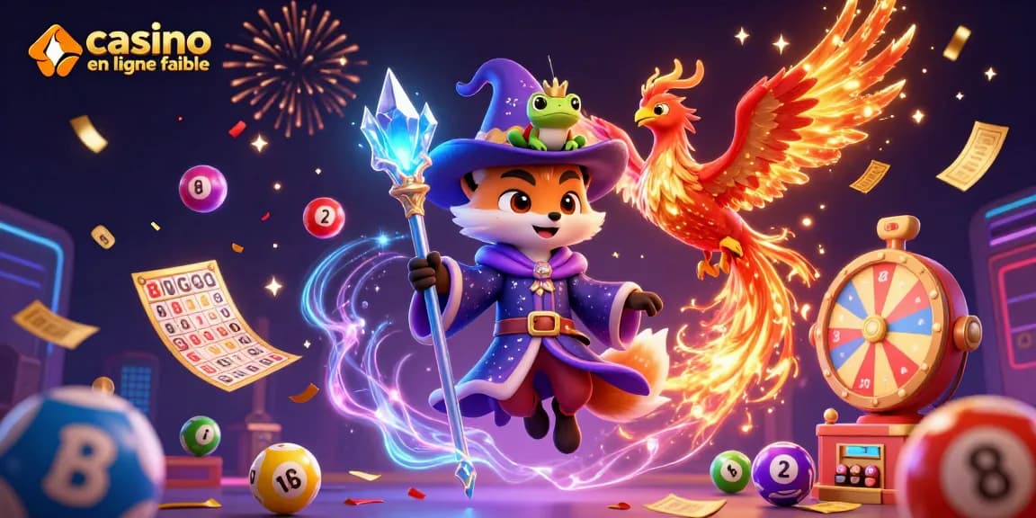 Illustration dynamique de casino en ligne fiable avec un renard sorcier et un phoenix, entourés d'éléments de jeu.