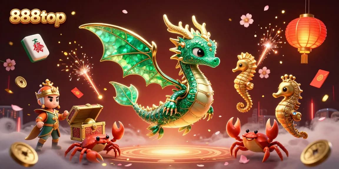 Experience thrilling games at 888top with a vibrant sea dragon and treasure-filled ambiance.