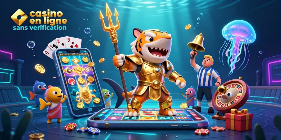 Profitez d'un casino en ligne sans verification avec un requin tigre en armure dans un colisée aquatique.