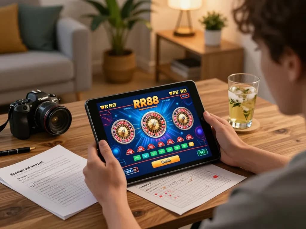 Player engaging in an online casino experience with RR88, showcasing a vibrant roulette game on tablet.