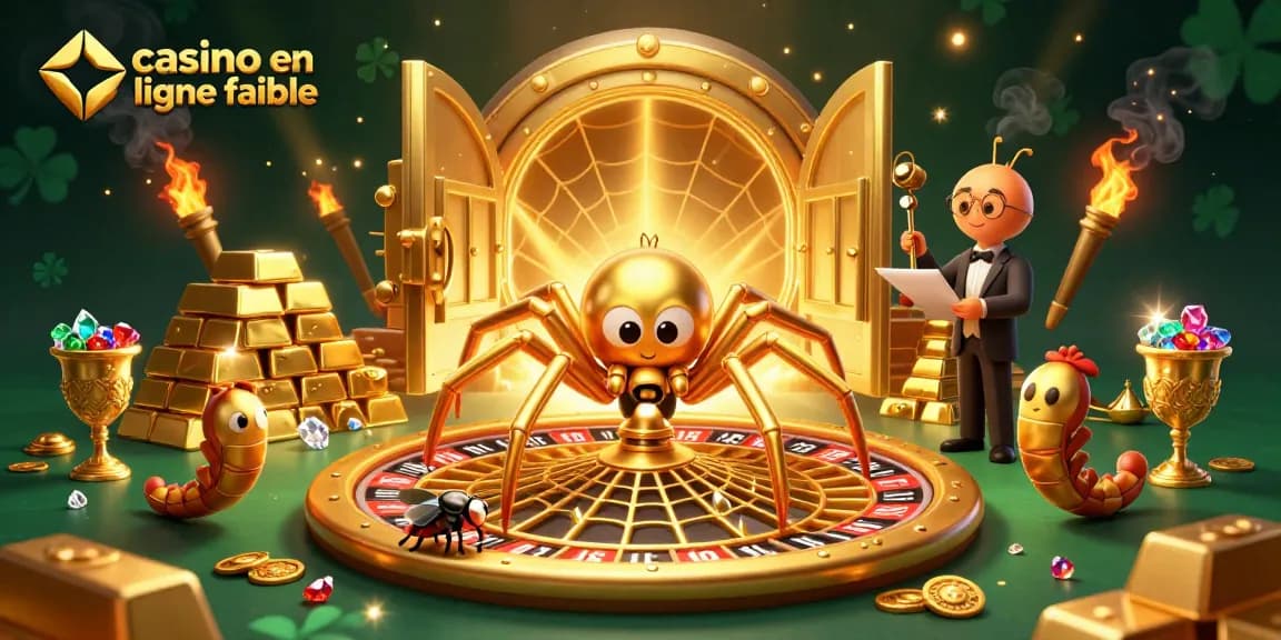 Jouez au casino en ligne fiable dans une illustration dynamique avec des araignées dorées et des trésors scintillants.