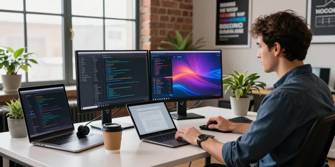 Developer at a modern workspace showing coding on screens while optimizing https://www.bdtjl.app/ design and documentation