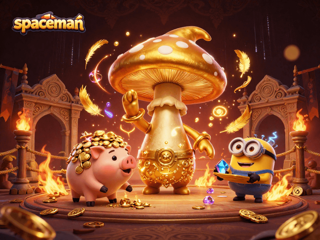 Visualize a dynamic gaming scene with a spaceman wizard turning treasures to gold, surrounded by vibrant gambling elements.