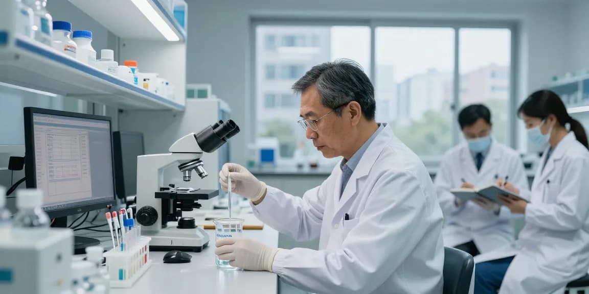 Researcher conducting saline sodium chloride experiments in a modern lab with clinical equipment.