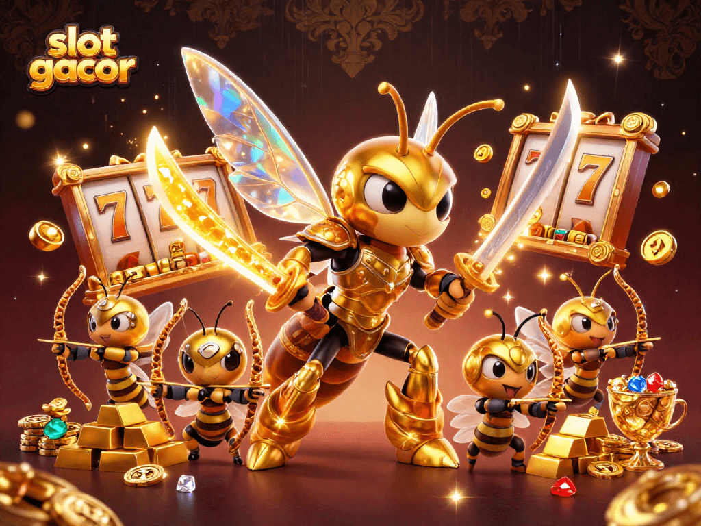 Spin the reels to win in this slot gacor themed casino illustration featuring dynamic characters.