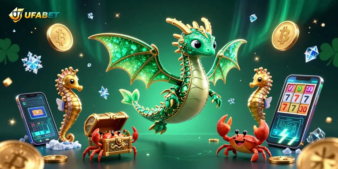 Win big at UFABET with vibrant scenes featuring a dragon, treasure, and cryptocurrency elements.