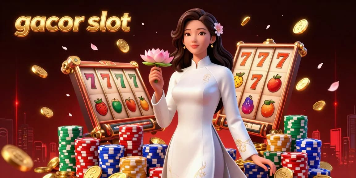 Experience the thrill of gacor slot with dynamic slot game elements and an elegant character in a vibrant illustration.