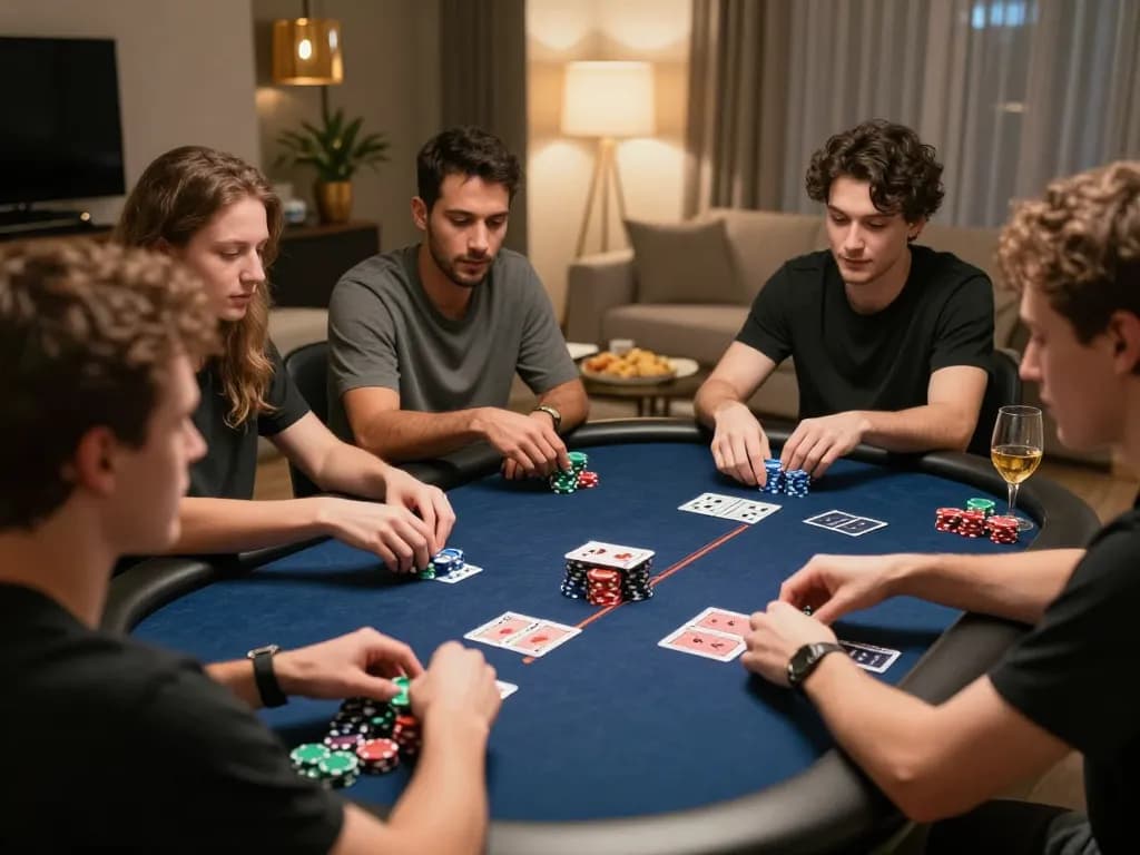 Players enjoy strategic poker gameplay at home with 79KING chips and cards, capturing competitive excitement.