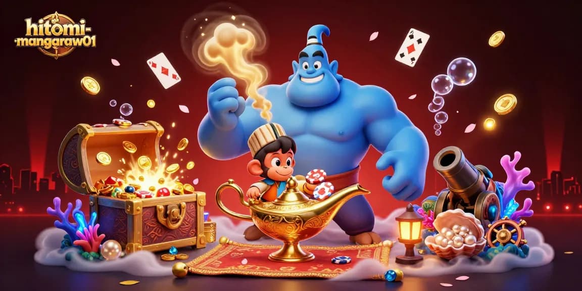 Engage with the exciting gambling world in hitomi-mangaraw01, featuring a magical scene adorned with poker chips and treasure.