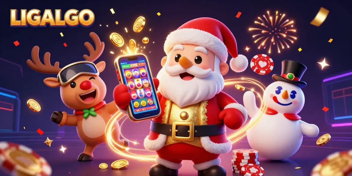 LIGALGO brings festive gaming with Santa, a reindeer dealer, and a poker chip snowman in vibrant casino illustration.