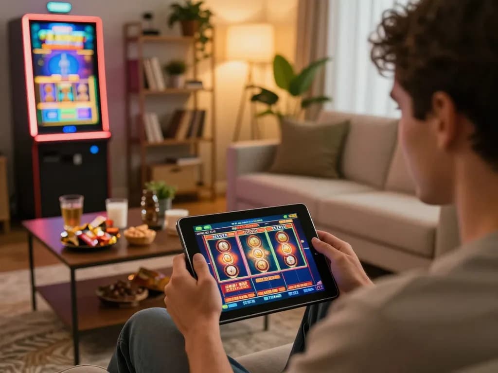 Player engaged in thrilling online gambling session with TR88 in cozy living room setting.