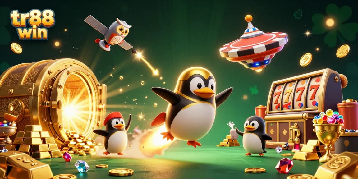Experience thrilling wins with the tr88 win penguin in a vibrant casino universe, surrounded by treasures.
