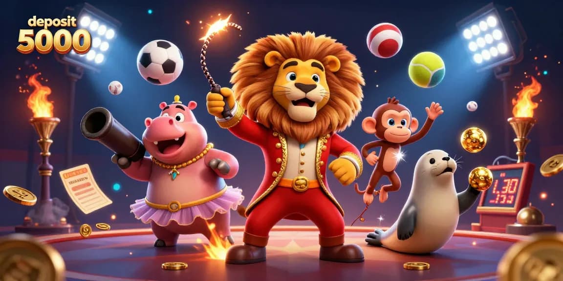 Engaging scene featuring "deposit 5000" in vibrant casino-themed 3D illustration with cartoon characters, dynamic sports elements.