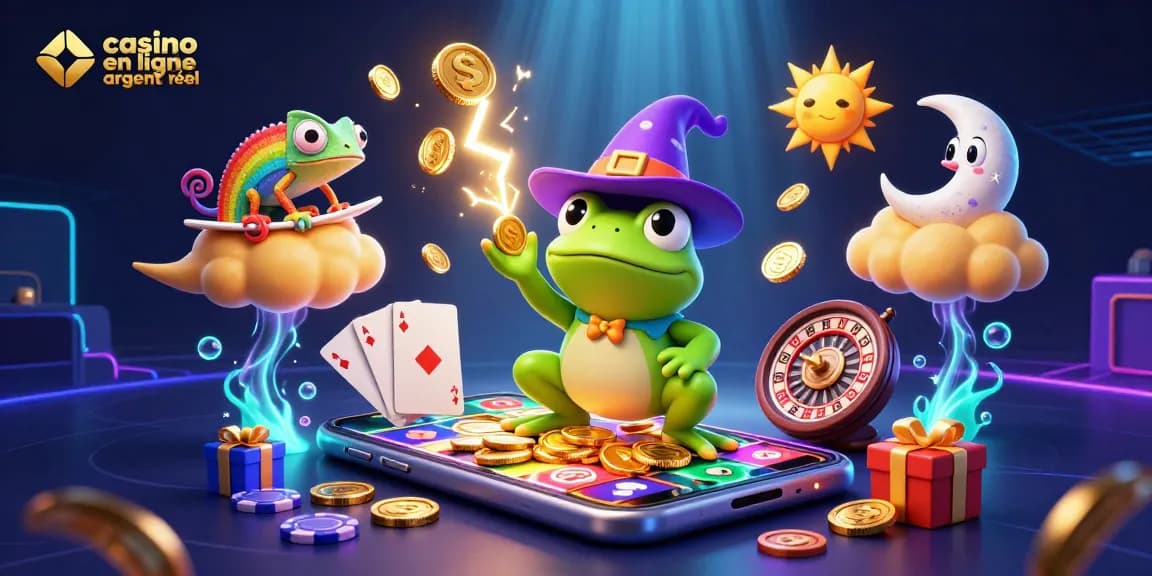 Plongez dans une scène animée de casino en ligne argent réel mettant en vedette des créatures magiques et des éléments de jeu.