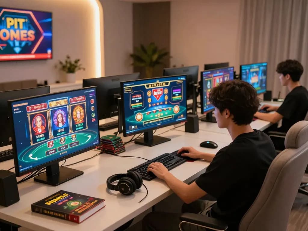 Person immersing in online gaming with ledak338 displayed on multiple screens, demonstrating strategic poker moves.