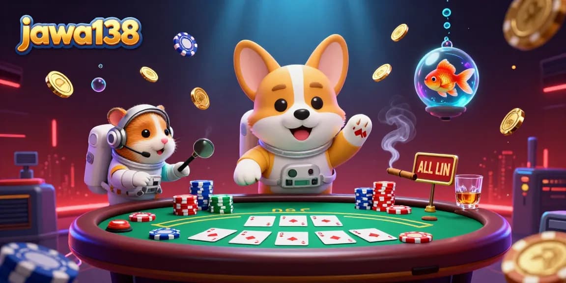 Experience the excitement of jawa138 with a vibrant 3D illustration of an astronaut corgi in a casino space station surrounded by poker elements.