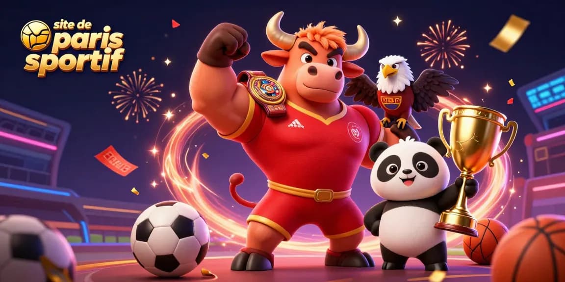 Pariez avec notre mascotte sur le site de paris sportif, entourée d'autres éléments sportifs.