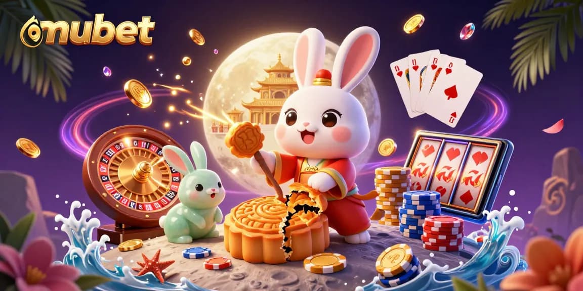Engage with mubet's world of 3D casino art featuring dynamic moon rabbit and poker elements.