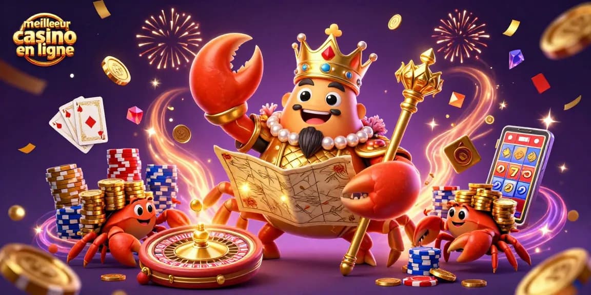 Illustration de casino avec le meilleur casino en ligne, roi crabe, pièces d'or et jeux de cartes.