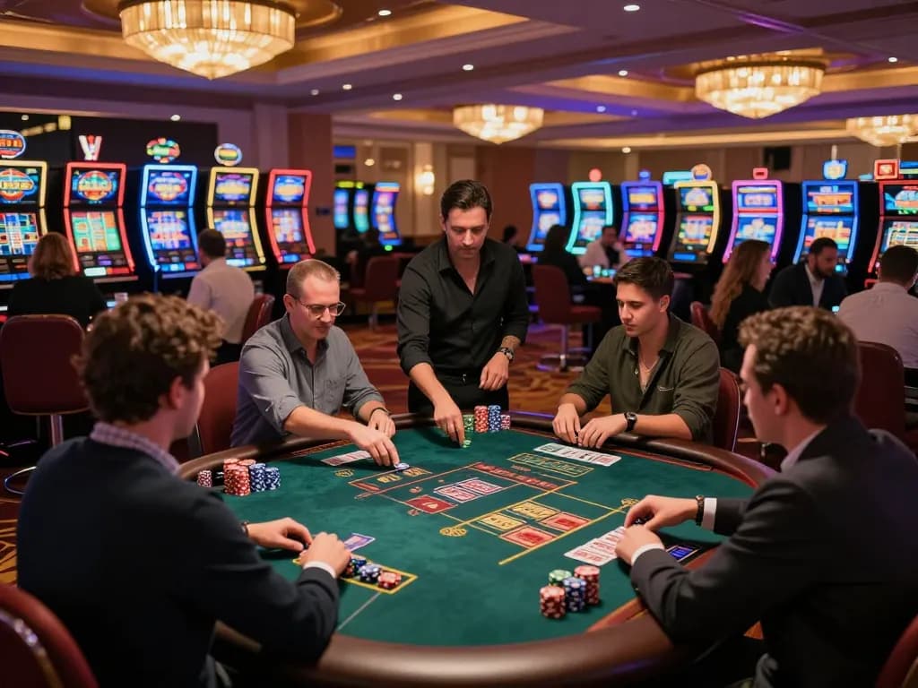 king33 players engaged in high-stakes poker game with a dealer managing bets