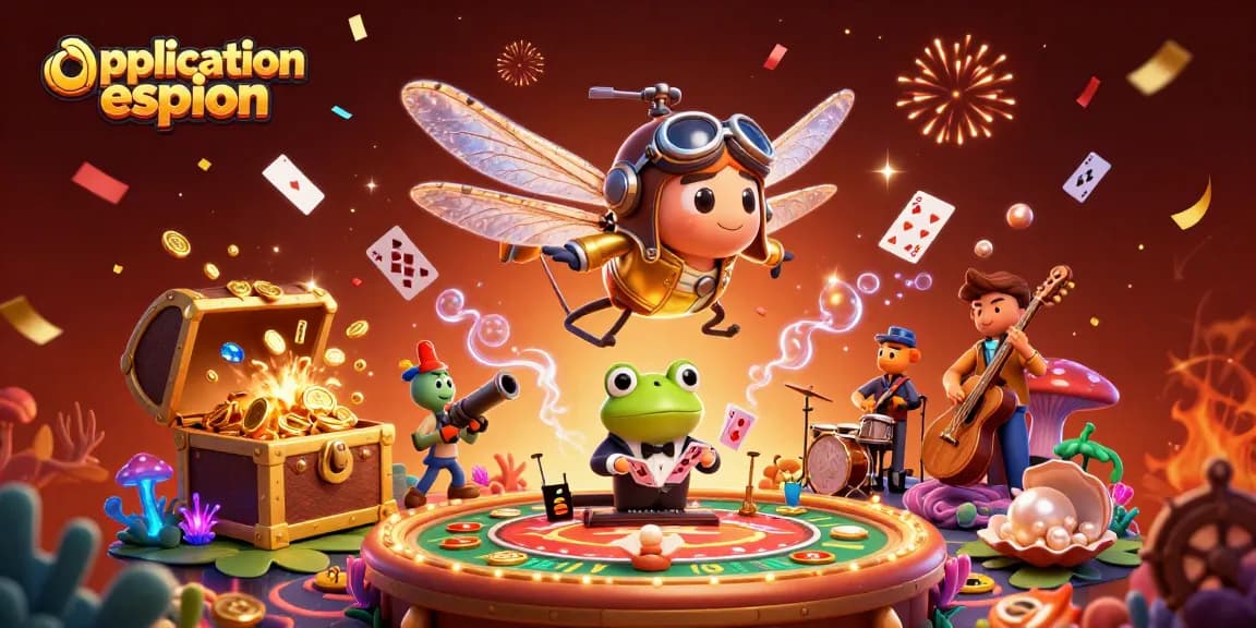 Une illustration dynamique d'application espion avec un dragonfly pilote, un croupier grenouille, et des musiciens