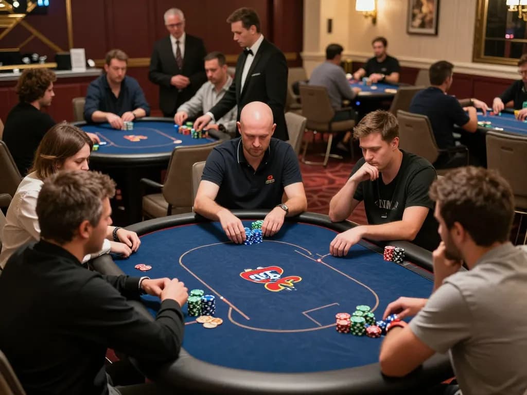 Players enjoying poker at lu88 casino, showcasing vibrant chip stacks and intense gameplay.