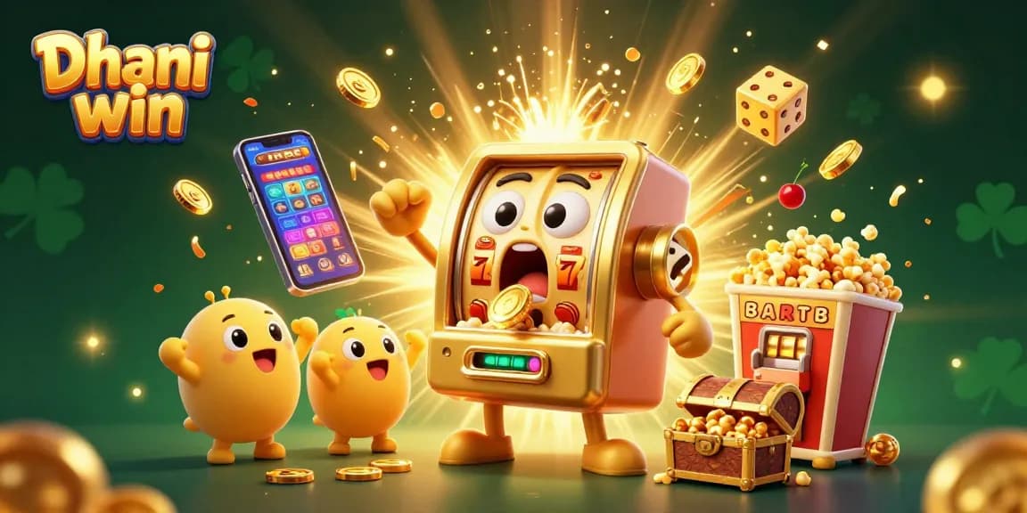 Dhani win slot machine celebrates a jackpot, bursting with coins, colorful symbols, and excitement.
