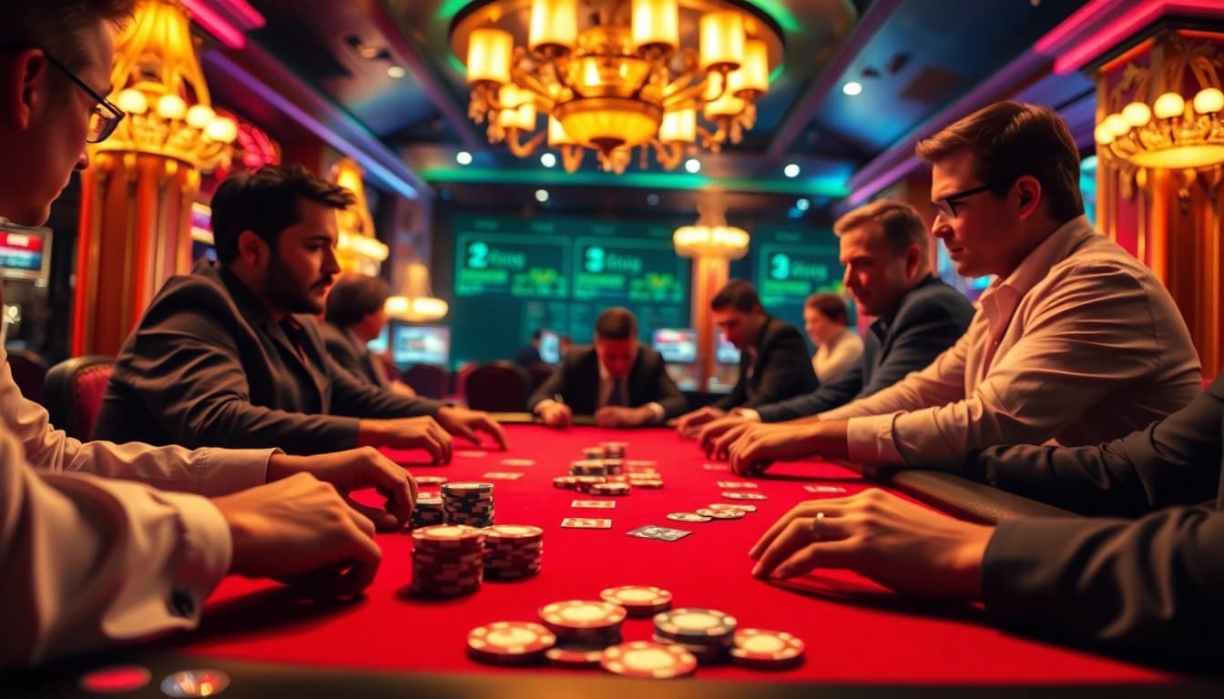 Menampilkan pgbet di meja poker dengan pemain yang terlibat dalam permainan intens.