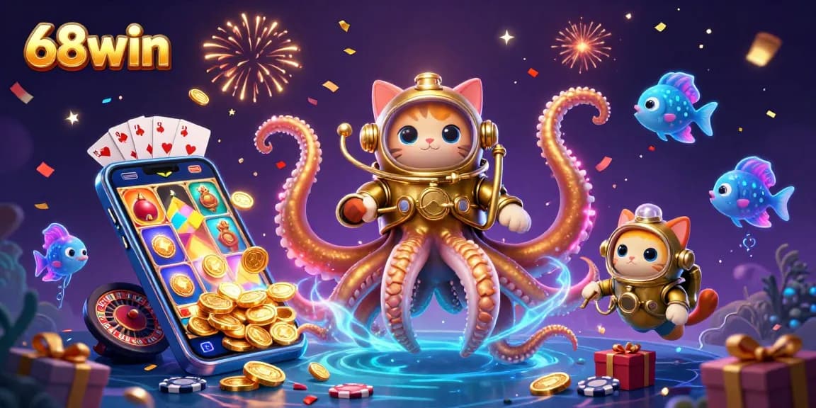 Engage with exciting games at 68win, featuring a vibrant 3D treasure scene.