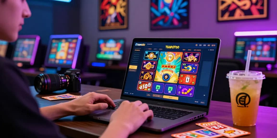 Engaging with tempototo on a laptop amid colorful online gaming graphics and lively atmosphere.