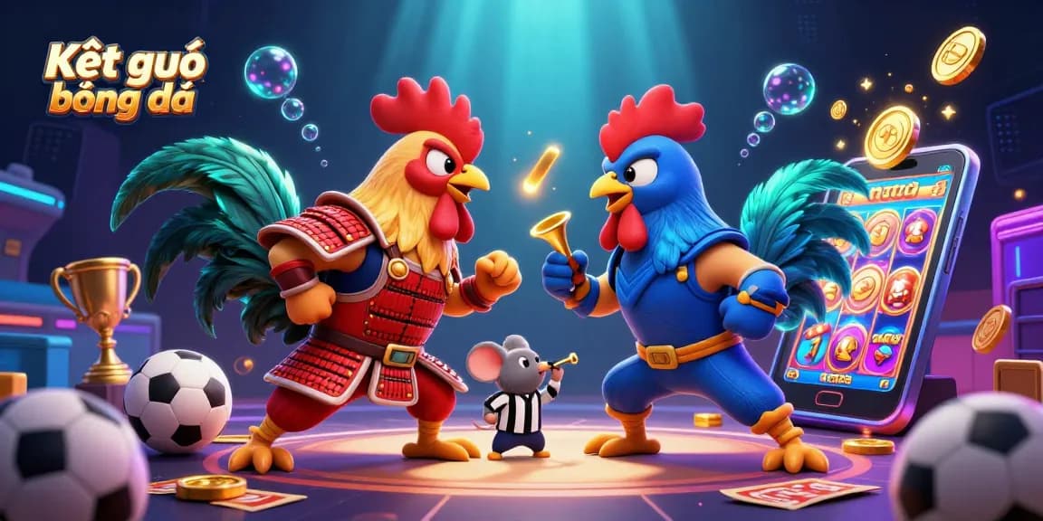 Experience Kết quả bóng đá in a vibrant 3D fight scene featuring cartoon roosters, sports betting, and gaming elements.