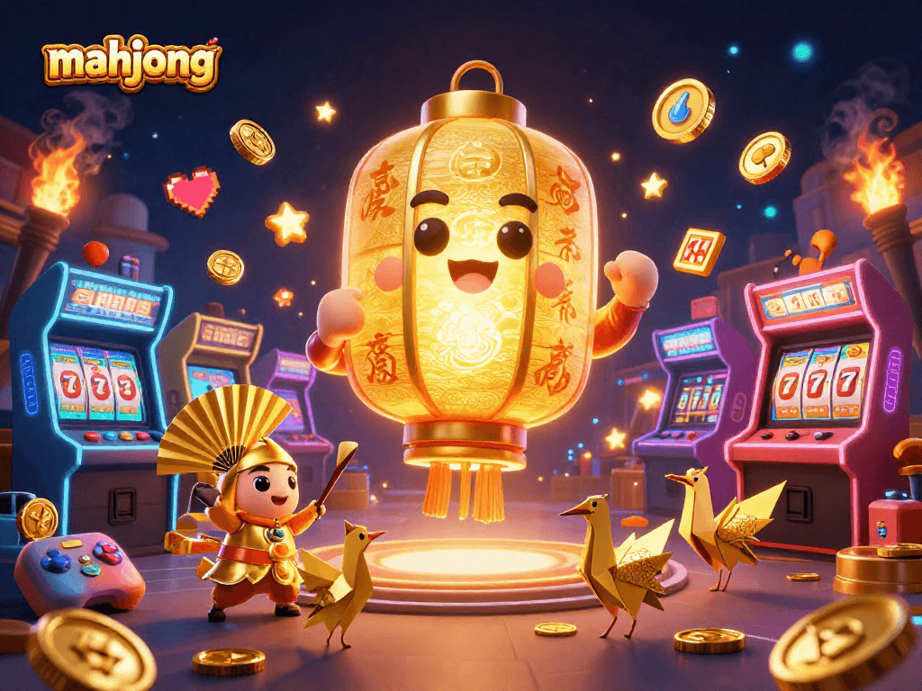 Engage in mahjong with vibrant 3D illustrations showcasing lively casino elements and golden spirits.