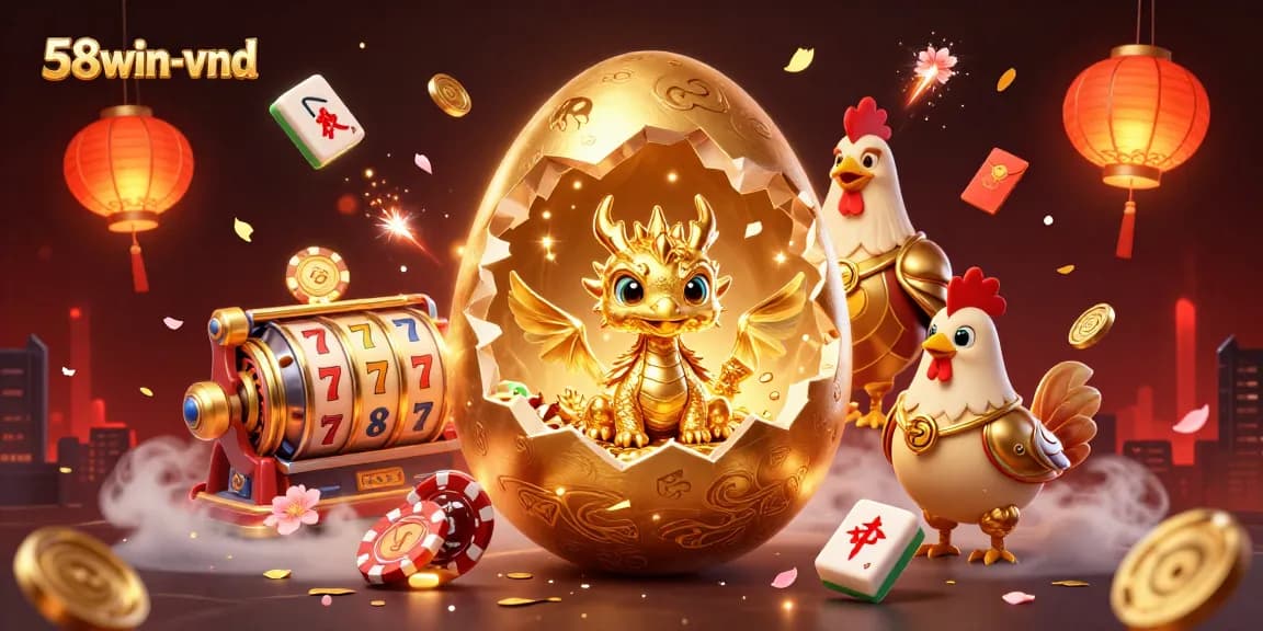 Engage with 58win-vnd: Witness a golden baby dragon guarding poker chips in a festive casino scene.