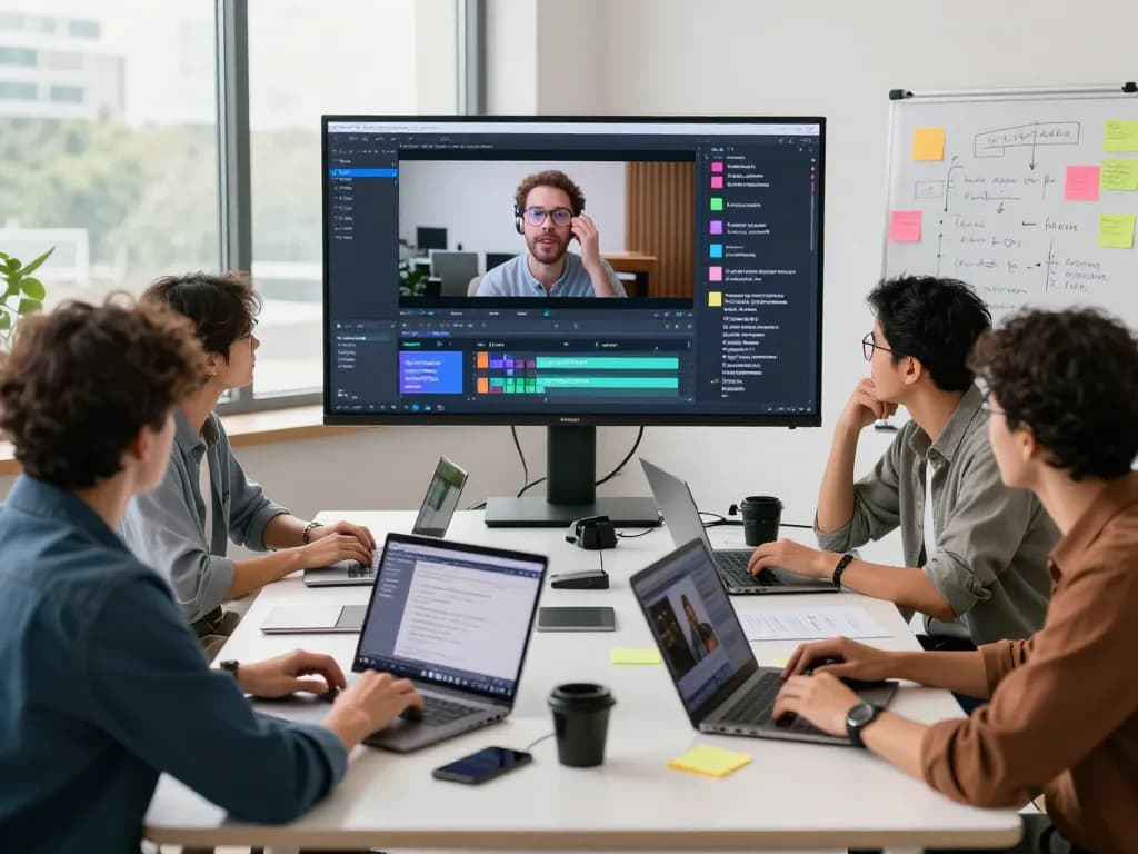 Creative group collaboration on video to prompt ai technology with modern tools and vibrant atmosphere.