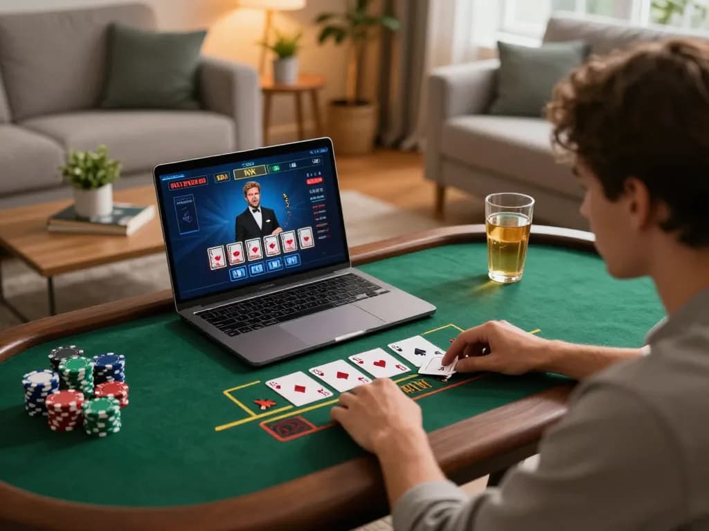 Person playing blackjack online at home using laptop, featuring alo8 casino interface and poker chips