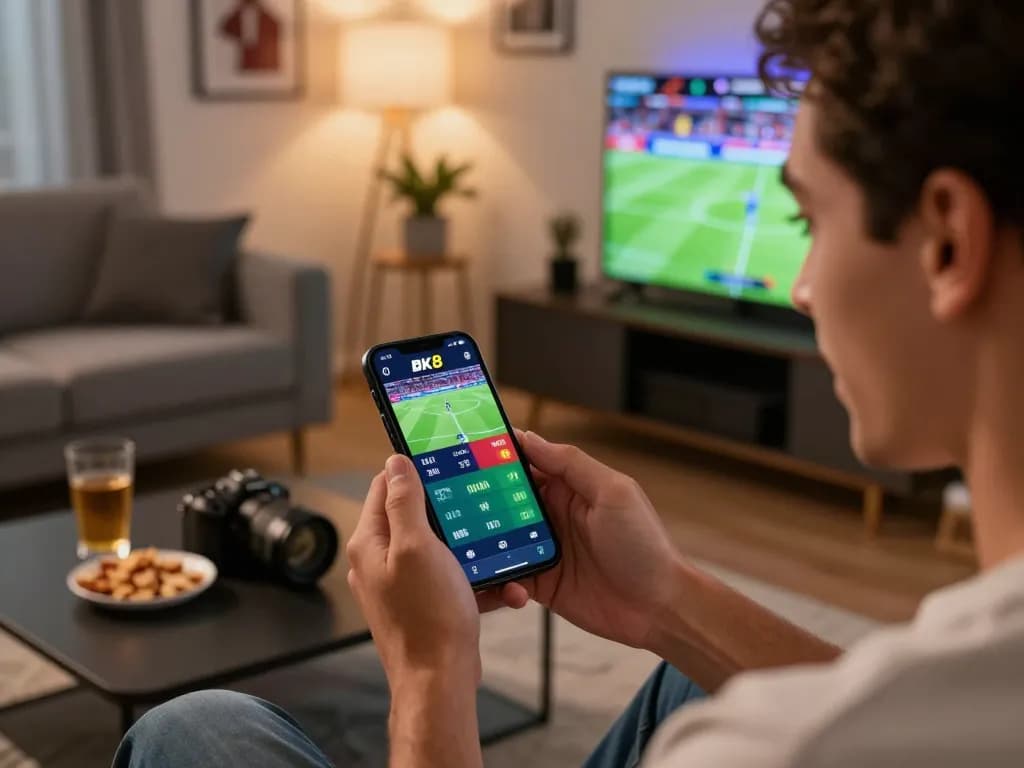 Experience the excitement of sports betting with BK8 on a mobile app in a cozy home setting.