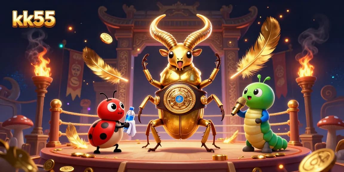 kk55 showcases a vibrant 3D casino battle featuring a golden stag beetle and ladybug enjoying a lively atmosphere.