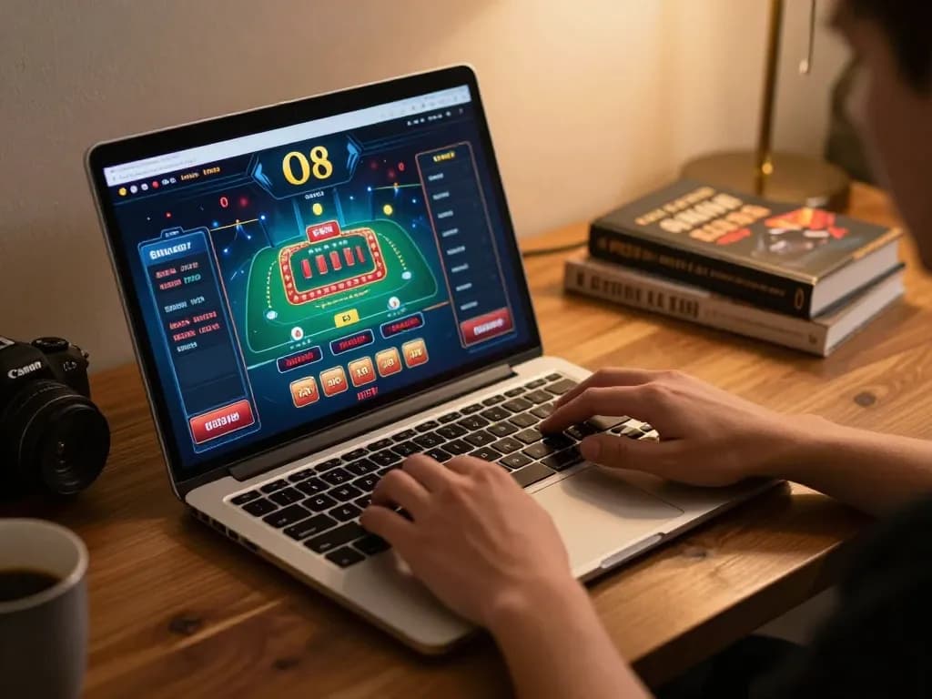 O8 online gaming experience with user engaging on casino interface at a stylish home setup.