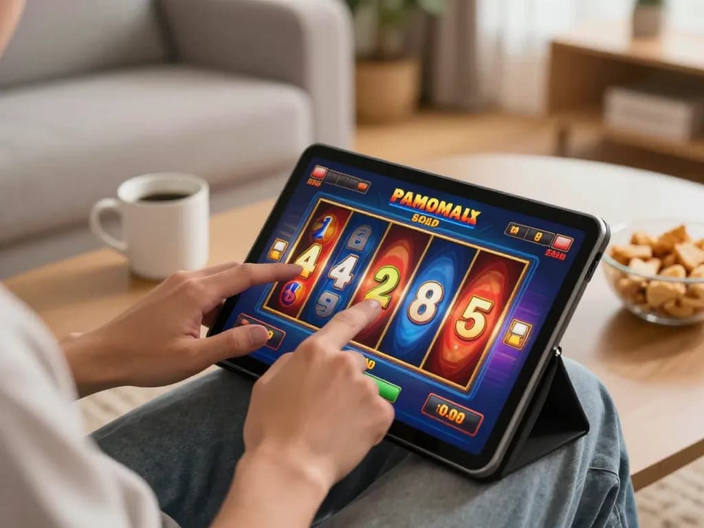 Players enjoying online slot games on Alo8 app, showcasing engaging gameplay in a cozy home setting