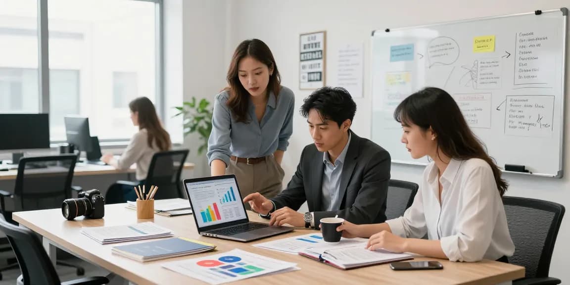Business professionals strategizing guest posting services with data analysis and marketing materials