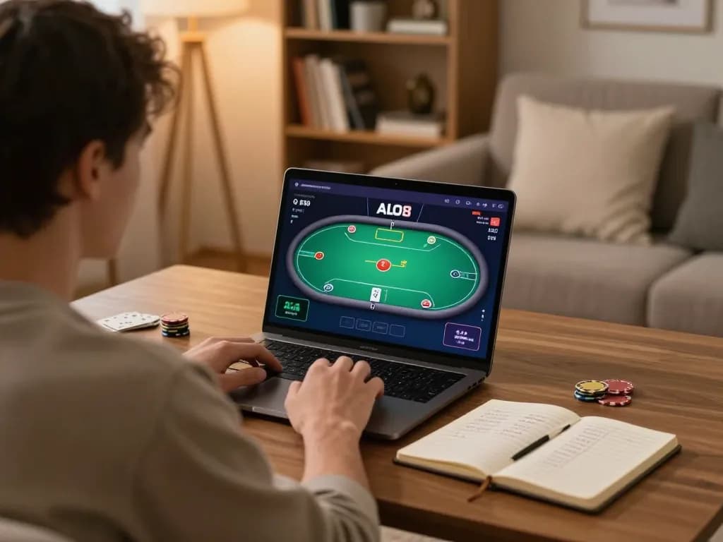 Enjoying a strategic online poker game on ALO8 from a cozy home setup.