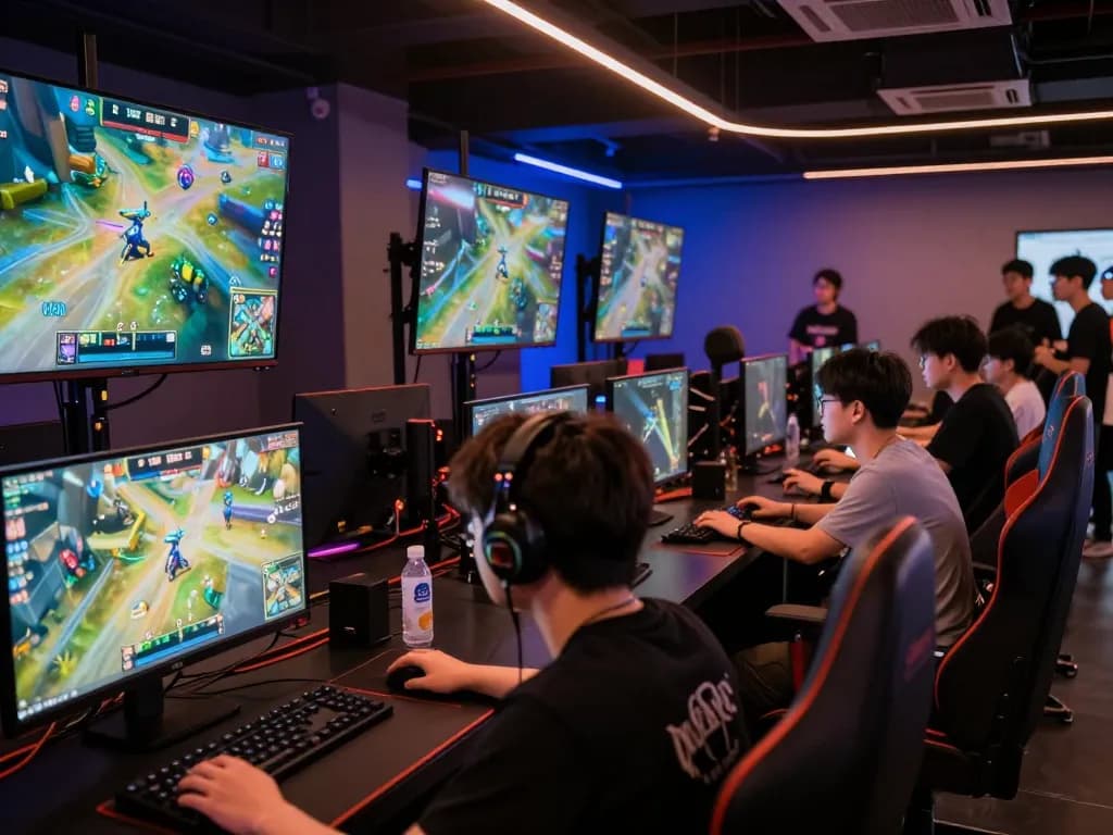 KPK100 gamers intensely competing in vibrant esports arena with multiple screens.