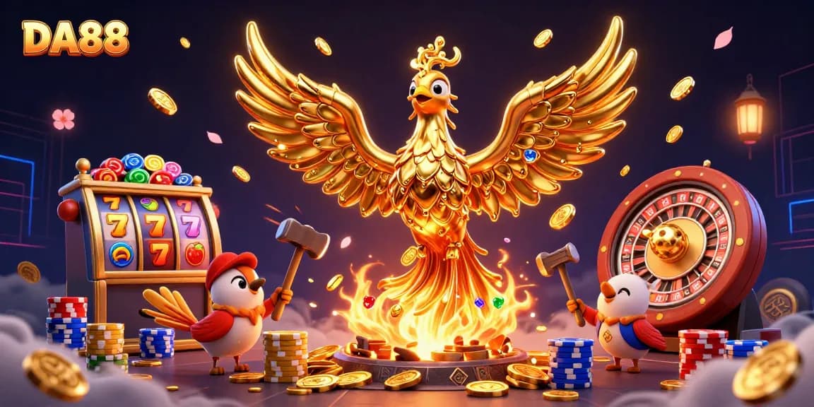 Win big with stunning DA88 slot machines featuring a golden phoenix and vibrant coins!