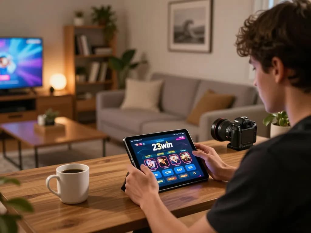 Engaging with 23win mobile app in a cozy living room setup, capturing a relaxed yet strategic gaming moment