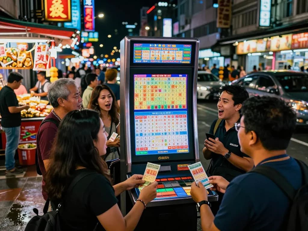 Togel Hongkong players excitedly checking live draw results, vibrant urban night atmosphere.